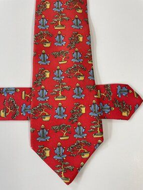 Alain Figaret Paris Silk Tie Red Meditating Yoga Monk Bonsai Tree France Made